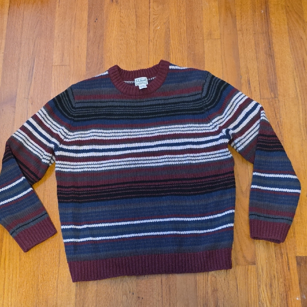 L.L. Bean Men's Crewneck Sweater - Burgundy and Navy Stripes